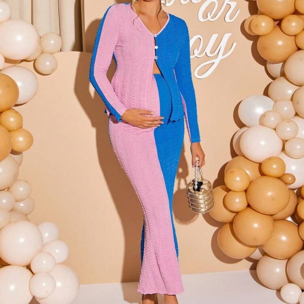 Maternity Gender Reveal Dress Pink Blue Color Block Ribbed Bodycon Maxi Dress xl